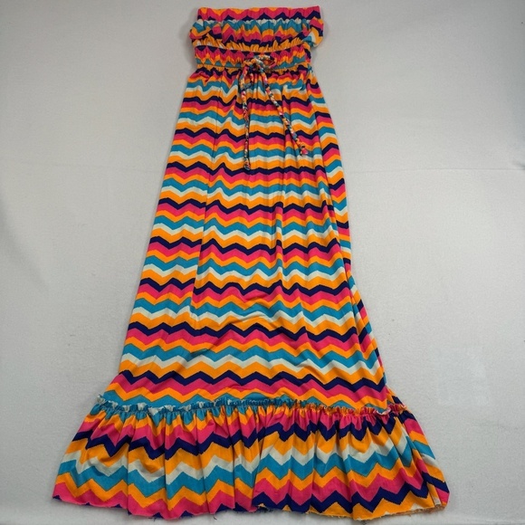 India Boutique Strapless Stretch Maxi Dress Womens One Sz Multicolored Tie Waist - Picture 1 of 10